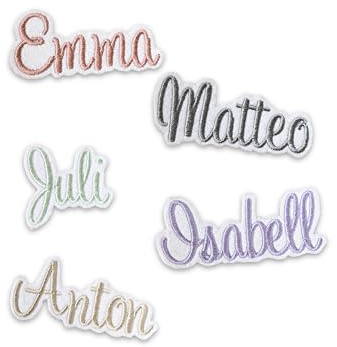 Name gestickt, Bügelpatch mit individuellem Namen, Namensschild, hochwertige Stickerei zum Aufbügeln, Schriftzug, Schultüte, Geburtsname (Weißer Hintergrund, Klein (ca. 3-3,5 cm hoch))