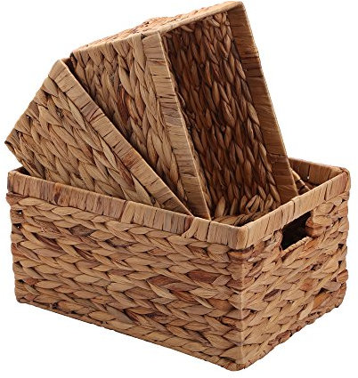 Contenitore, cassette in giacinto d' acqua naturale rettangolare cestino, organizer box, struttura in metallo, art & CRAFT, TypeD, Set di 3,Kingwillow.