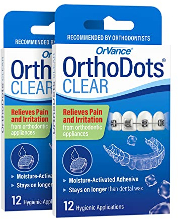 OrthoDots Clear – Protection 24 heures | Adhère mieux que la cire dentaire | Alternative à la cire d'accolades activées par l'humidité pour la douleur causée par les appareils orthodontiques, les