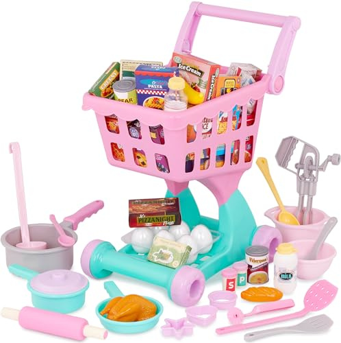 Play Circle Shoppingvagn för barn, 50 delar med leksaker, livsmedel och kökstillbehör – barnkök, lekkök, varubutik, tillbehör från 3 år