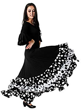 Costumizate! Jupe de flamenco avec trois volants et pois pour femme adulte, tailles: S/M/L/XL/XXL, Noir/blanc, XL