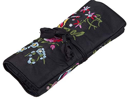 KYEYGWO Pochette Rouleau à Bijoux pour Voyage, Broderie Chinoise Organisateur de Bijoux pour Rangement de Bracelet Collier Bague, Noir