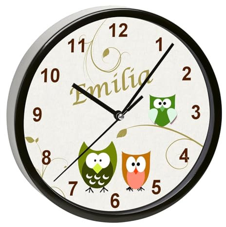 CreaDesign, Wanduhr für Kinderzimmer Eule grün orange, Kinderuhr schwarz mit Quarz Uhrwerk, personalisiert mit Name, Durchmesser 19,5 cm
