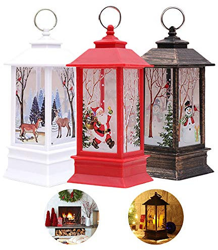 Christmas Lantern Christmas Outdoor Lights 3 PCS Small Christmas Decorations Lights Xmas Candle with LED Tea Light Elk Snowman Santa Claus Light for Christmas Party Decor