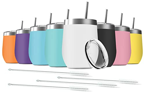 Deitybless 8-pack 35 ml rostfritt stål vinglas med lock, dubbelvägg vakuumisolerad resemugg inklusive 8 sugrör set för kaffe, cocktail, dryck, te och öl (blandade färger)