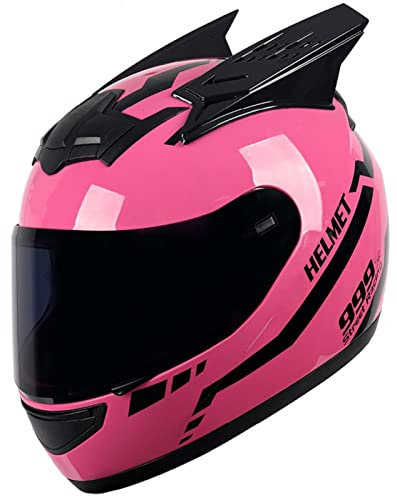 BAUTI Vollgesichts-Motorradhelm für Mädchen Frauen integrierter Helm mit Katzenohren ECE(R22/05) zugelassener Motorradhelm Vierjahreszeiten-Klapphelme mit Sonnenblende 16,S(54-56CM)