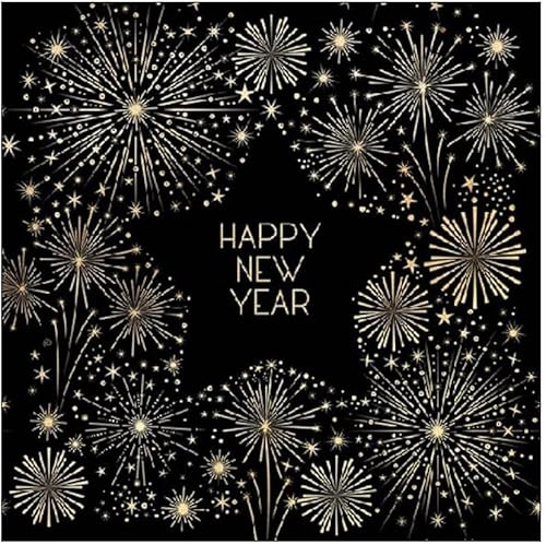 Miss Lovely Lot de 20 serviettes de table pour le Nouvel An - Noir et doré - Avec étoiles et feux d'artifice - 33 x 33 cm - Décoration de table du Nouvel An - Décoration de table - Nouvel An
