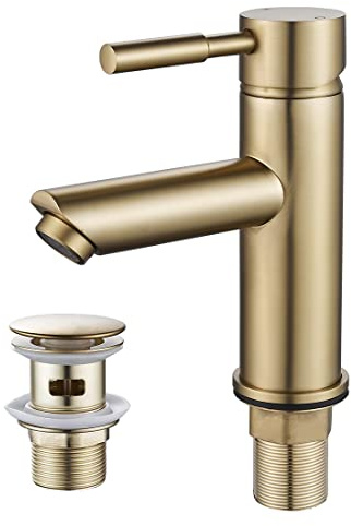 Gold Basin Tap with Waste,Luckyhome Washroom Sink Mixer Taps Single Lever Brass Cold and Hot Water Faucet