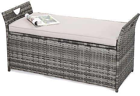 VINGLI 40 Gallon Outdoor Storage Bench with Cushion, Rattan Storage Box, Patio Wicker Deck Box with Seat for Garden | Balcony | Porch | Pool | Yard (Grey Frame + Light Grey Cushion)
