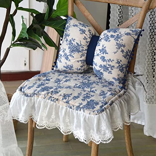 Floral Geraffte Stuhlkissen mit Kisseneinsatz rutschfeste Baumwolle Leinen Stuhlkissen Vintage Bauernhaus Chic Sitzkissen für hölzerne Dinner Stuhl (Keine Taille Kissen), 18x18 Inches