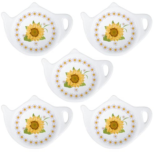 SOCOSY Teebeutelhalter aus Porzellan mit Vintage-Blumenmotiv, Teebeuteluntersetzer, kleine Löffelablage, Teezubehör, Gewürzschale für Saucen, Dessert, 10,2 cm, Sonnenblumen-5 Stück