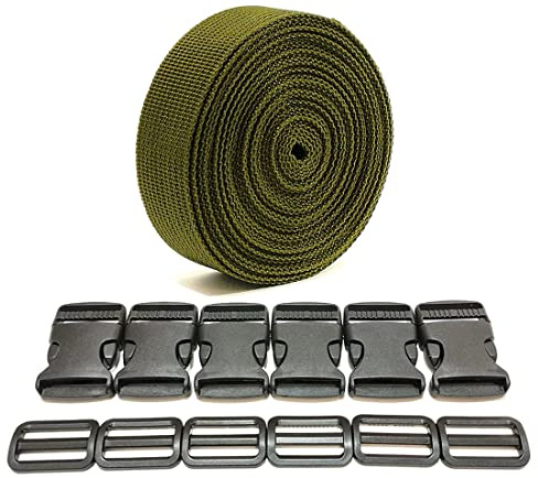 Rucksackband 3 Meter x 32 mm + 12 Kunststoffschnallen, Nylonband mit Druckknöpfen, Rucksackgurt, Gepäckgurt, Koffergurt, (32 mm, Grün 327)