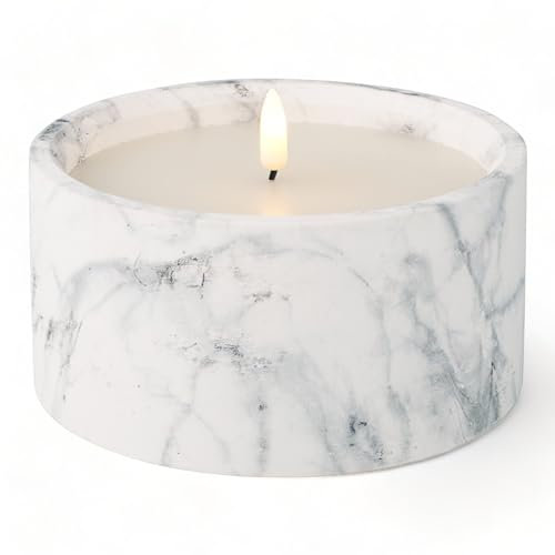 MIJOMA - Elegante vela LED de cera real con llama realista, en maceta de piedra artificial con aspecto de mármol, temporizador 6/18 y funciona con pilas, para un ambiente acogedor en el hogar. (Ø15 x