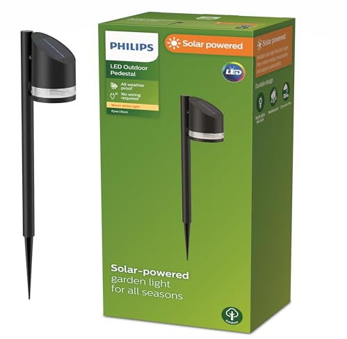 PHILIPS Outdoor Solar Fyve Sockelleuchte Spiess 1,5W, Tageslichtsensor, 2700 Kelvin, IP44 wetterfest, schwarz