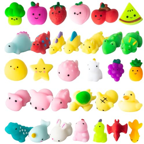 SINZUX 32Pcs Mochi Squishy Toys, Kawaii Soft Squeeze Toys Pack | Mini Animals Dinosaur Fruits Squishies Toys, Stress Relief Sensory Fidget Toys, Party Bags Fillers, Birthday Party Favors