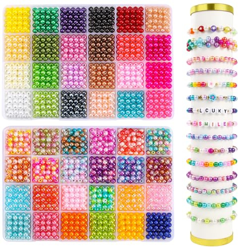 DIYDEC 2400 Stück 48 Farben Bunte Runde Perlen, 6mm Runde Bunte Perlen Bastelperlen zum Auffädeln für Schmuckherstellung DIY Armbänder Halsketten Handwerk