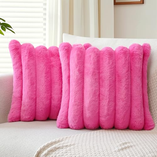 Soleebee 2er Set Plüsch Samt Kissenbezüge, Weiche Künstliche Pelz Kissenbezug Sofa Zierkissenbezüge Dekokissen Kissenhülle Set für Schlafzimmer Zuhause Couch Auto Dekor (Heißrosa, 50x50cm)