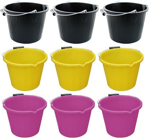 [Pack Of 9] - Plastic Builders Bucket 3 Gallon 14 LITRE Water Mixing Storage Bucket with Handle and Spout Perfect For Cleaning & Animal Feed – [Black, Yellow, Pink]