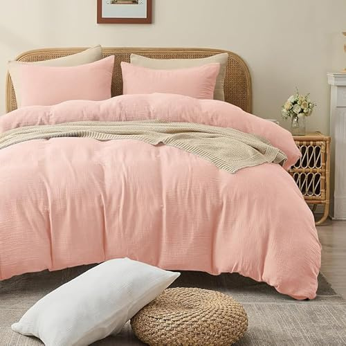 Gezu Muslin Bettwäsche 135x200 cm Rosa 100% Baumwolle Muslin Bettwäsche-Sets Leinen Set Bettbezug mit 1Kissenbezüge 80x80cm Sehr Atmungsaktiv Bequem Bettwäsche Einzelbett mit Reißverschluss