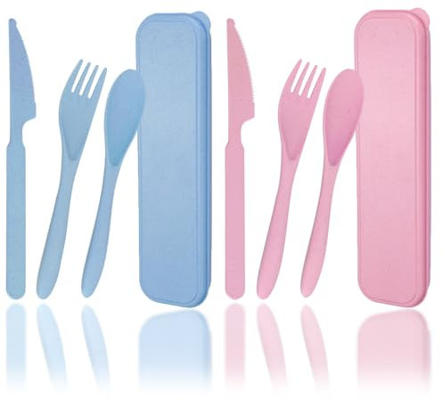 Belegao 2 Set Travel Cutlery Sets, Reusable Camping Cutlery with Case Portable Flatware Knife Fork and Spoon Plastic Utensils Tableware for Adults, Kids, Office, School, Picnic, Daily (Blue, Pink)