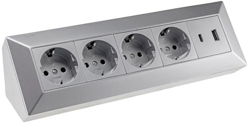 Presa multipla angolare a 4 prese Schuko USB A+C per cucina, ufficio, officina. Ciabatta elettrica per piano di lavoro, presa da incasso, senza cavo, plastica (grigia)