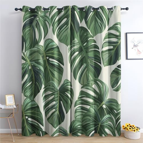 Generisch Palmblätter Vorhang, Monstera Gardinen mit Ösen 2er Set Verdunkelungsvorhang, Grüne Blätter Vorhänge, Wohnzimmer Schlafzimmer Kinderzimmer Blickdichte vorhänge, 137x117 cm j1&-155