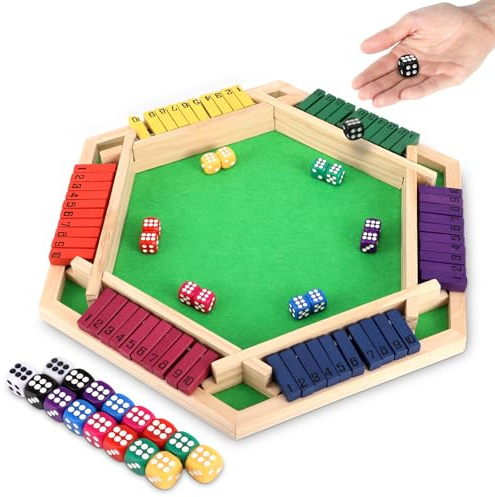 QCXWCJWD Shut The Box Dice Game, 6 Players Wooden Board Game with 16 Dice for Adults Kids, Educational Math Number Game
