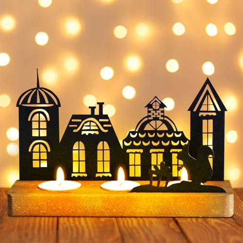 Kerzenhalter Adventskranz, Adventskranz Teelichthalter Schwarz, Kerzenständer Weihnachten Metall, Weihnachtsdeko Vintage Kerzenhalter, Weihnachten Tisch Deko (Eichhörnchen)