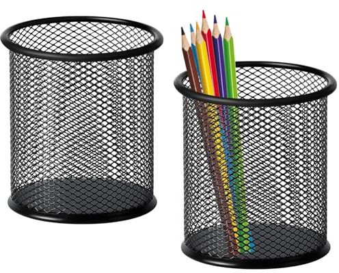 Mgood Stiftehalter Metallgitter Schwarz Rund Stifteköcher | 2 Stück, Schreibtisch Organizer Stifte, für Kugelschreiber, Schreibwaren, Malpinsel, Büro, Zuhause, Schule