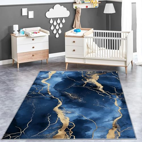 Teppich 160 x 230 cm Waschbarer Marmor mit goldenen Adern Wohnzimmer Teppich rutschfeste moderner Bodenmatte Teppiche für Wohnzimmer Schlafzimmer Büro Bereich Blau
