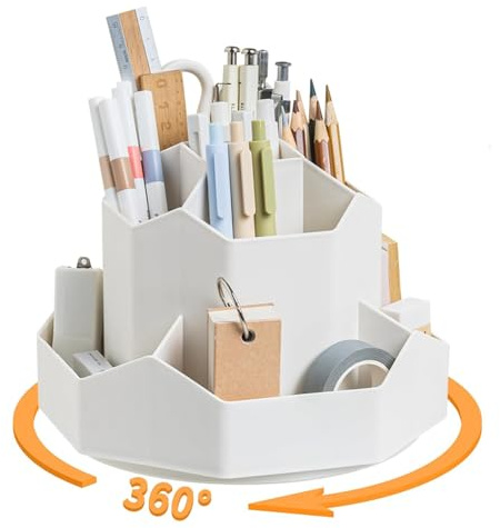 MEISO Portapenne Girevole, Portapenne da Scrivania, 360 Gradi Porta Penne Ruotabile, Porta Penne per Scrivania con 9 Scomparti, Organizzatore di Matite per Casa, Scuola, Ufficio (Bianco)