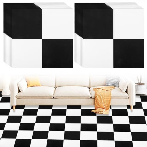 DAJAVE Confezione da 20 piastrelle autoadesive per pavimenti in vinile, 30 x 30 cm (vista totale: 6,00 m x 6,00 m), pavimento in vinile bianco e nero, per cucina, in vinile, impermeabile, opaco