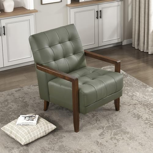 Lexicon Modern Accent Chair, Luxury Genuine Leather Match Living Room Chair with Tufted Cushions, Solid Wood Frame and Arm Rest, Comfy Upholstered Single Seat for Bedroom/Reading/Office, Green