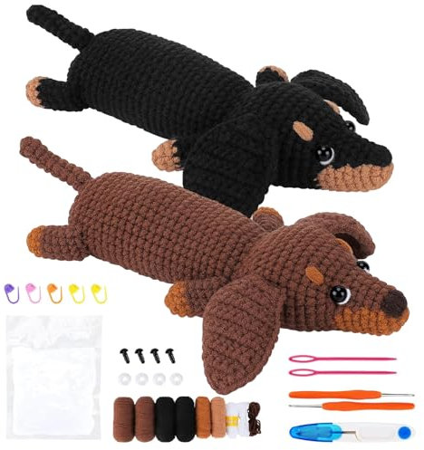 MeYuxg Tiere Häkeln Dackel,2pc Häkelset Tiere Dackel Stofftier, Häkelset für Anfänger Tiere mit Häkelnadel, Kreativ Häkelset für Anfänger Mit Englischem Handbuch(Häkeln Dackel)