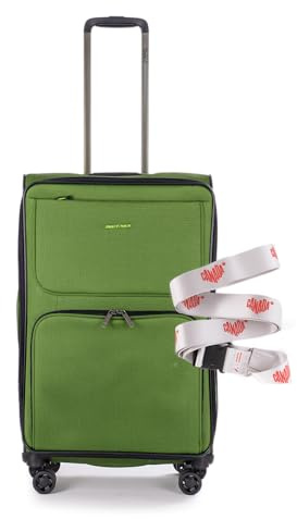 Stratic Bendigo Light + Koffer mit Koffergurt Weichschale Reisekoffer Trolley Rollkoffer mittelgroß, TSA Kofferschloss, 4 Rollen, Erweiterbar, Größe M, Grün