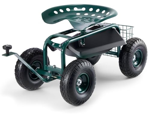 Rollwagen mit Rollen, Gartenhocker, Wagen zum Bepflanzen, 360-Grad-Drehsitz, Wagenroller mit Lenkgriff und Werkzeugablage, Verwendung für Terrasse, Hof und Outdoor, Grün