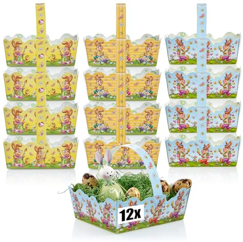 com-four® 12x Osterkorb mit Motiv, Pappkörbchen zum befüllen | Osternest für Geschenke und Ostereier - Geschenktasche aus Pappe mit Tragegriff