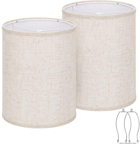 Tall Drum Lamp Shades Set of 2, 10Top x10 Bottom x 13High, Beige Lampshade for Table Lamp Floor Lamp, Replacement Lampshades Natural Linen Handcrafted, Spider, Harp Holders Included, Easy Assembly