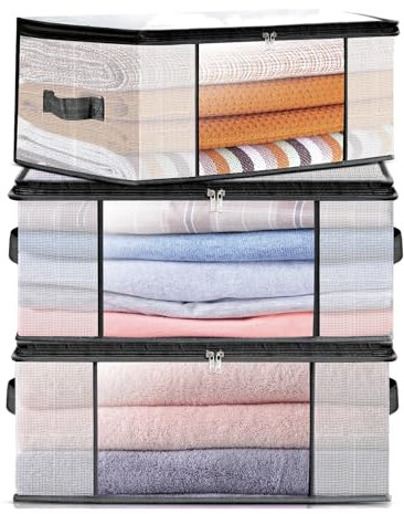 NEWSONA Lot de 3 Sacs de Rangement Vetement Transparente 60L – Boîte de Rangement Sous Lit/Armoire,Housse Rangement Couette Organisateur de Placard, Pliable avec Fermeture Éclair et Poignées