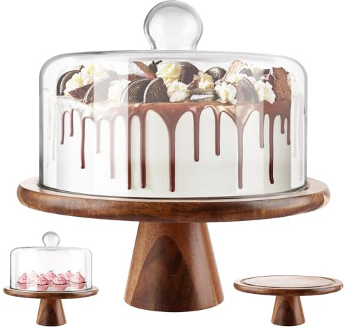 JMIATRY Wood Cake Stand with Lid, 10 Inch Wooden Cake Stand with Clear Dome Lid, Cakes Stands with Cover for Birthday, Wedding, Party and Picnic