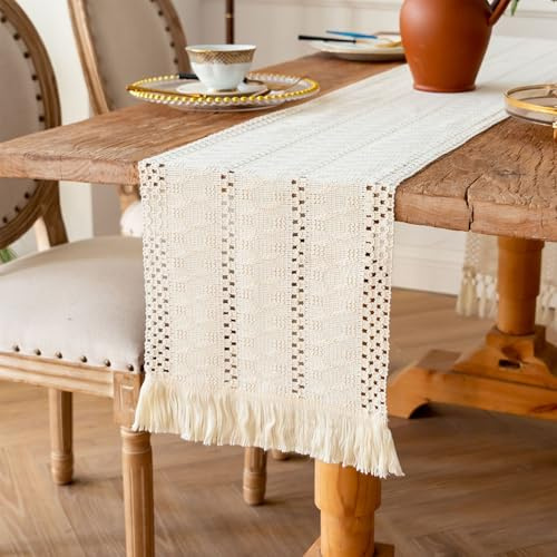 DEARBAG Makramee Tischläufer Beige Boho Baumwollflachs Tischläufer mit Quasten, Rechteckige Häkelspitze Mesh Tischdecke für Küche Bauernhaus Vintage böhmische Hochzeit Tabletop Dekor, 30x120cm