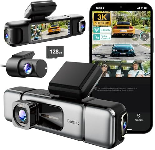 BOTSLAB 3K 4 Channel Dash Cam, 3K/4K Front and 1080p*3 Car Camera Left Right Inside, 560° Dash Cam for Car, Built-in 5.8GHz WiFi and GPS, Voice Control, Included 128GB SD Card
