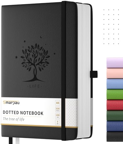 Smarpau Notizbuch A5 Gepunktetes, Journal mit 320 Seiten 100gsm Papier | Bullet Dotted Journal, Leder Tagebuch für Erwachsene Arbeit, Schreiben, Notizen, Lernen, Reisen, 14.5 x 21 cm -Schwarz
