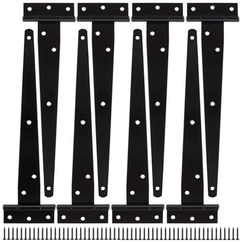 GOYADA 8pcs 25cm Charnières de Porte en T, Charniere Porte Lourde en Métal Galvanisé, Charnières en T Noir 10 Pouces avec Vis pour Portes de Hangar, Portes de Jardin, Fenêtres