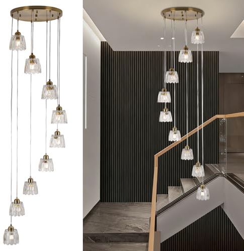 FRIXCHUR Treppenhaus Kronleuchter in Gold, 9 Pendelleuchten mit Glasgloben, Moderne Vintage Deckenleuchte für Wohnzimmer, Flur & Treppenhaus, Höhenverstellbare Hängelampe (ohne Leuchtmittel)