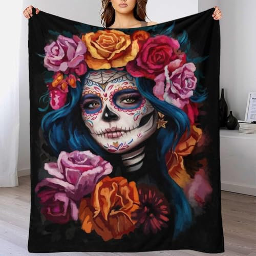 TBDUEPS 'Sugar Skull Woman with Flowers 3D Printing Throw Blanket Sofa A Plush Blanket Suitable for All Seasons for Children 60x80inch(150x200cm)