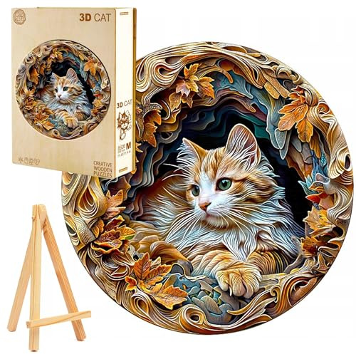 PASJO 3D-Holzpuzzle 300 Teile Weiß-rot getigerte Katze im herbstlichen Kunststil inkl. Mini-Holzstaffelei Holzbox