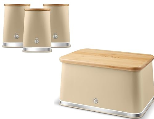 Swan Nordic Oatmeal Bread Bin and Tea, Coffee, Sugar Canisters. Scandinavian Inspired Minimalist Design Kitchen Storage Set. Matt Oatmeal Finish, Stainless Steel Accents and Acacia Wood
