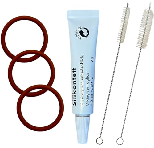 Pflegeset Wartungsset Reinigungsset für Saeco Kaffeevollautomaten - PicoBaristo Incanto GranAroma Xelsis Lirika Aulika – 3 O-Ring Dichtungen (32×40×4 mm) / lebensmittelechtes Silikonfett / 2 Bürsten