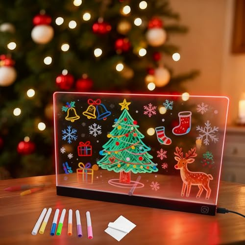 LED Zeichentafel Kinder - 7 FarbenAcryl Notiztafel LED mit Farben Stift & Verstellbarem Ständer, Transparente Zeichenbrett Abwischbar für Kinder Weihnachts, Halloween & Geburtstagsgeschenke